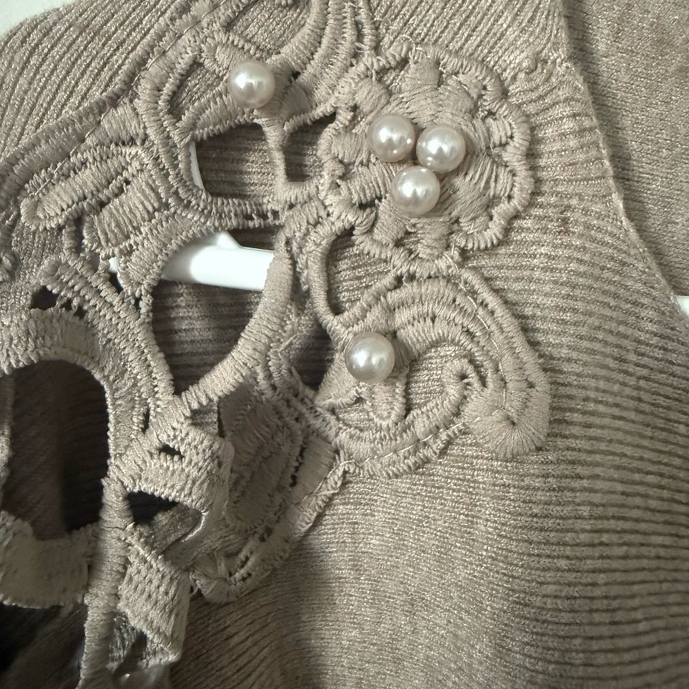 Ember Oatmeal Color Stretchy Embellished Soft Cottagecore Women’s Sweater - Picture 3 of 7